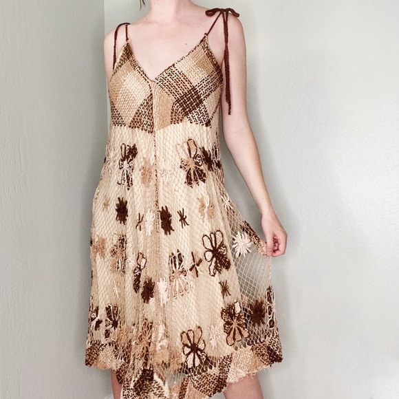 Vintage Dresses & Skirts - Vintage Boho Brown Crochet Netted Festival Dress